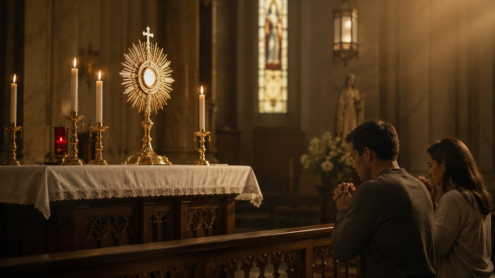 Personas en oración ante el Santísimo Sacramento