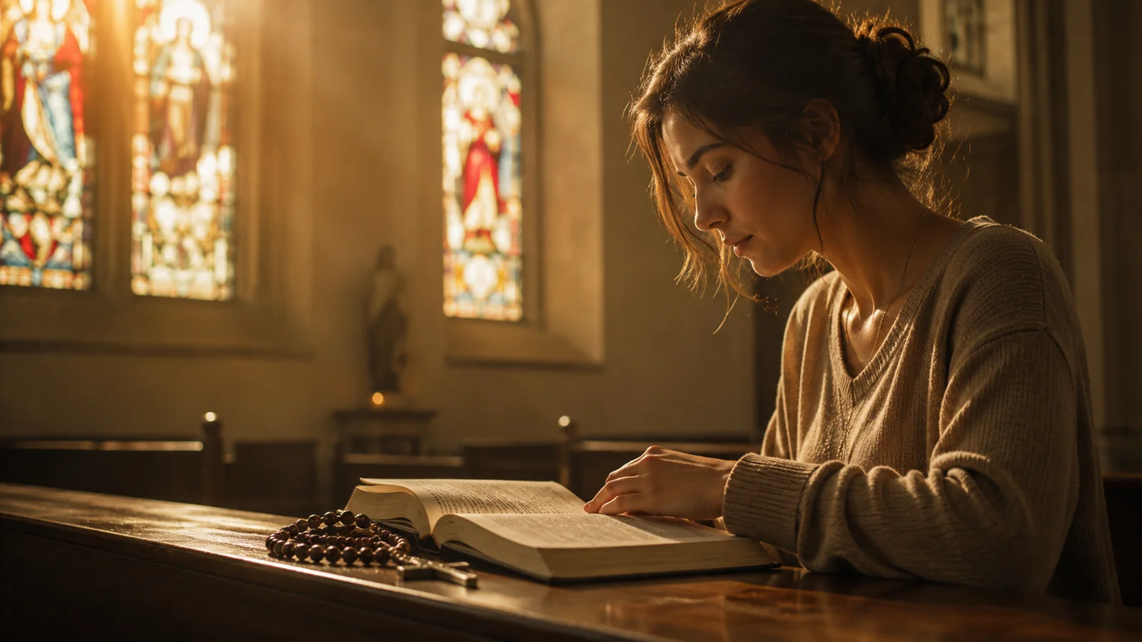 Mujer leyendo la Biblia dentro de una iglesia iluminada