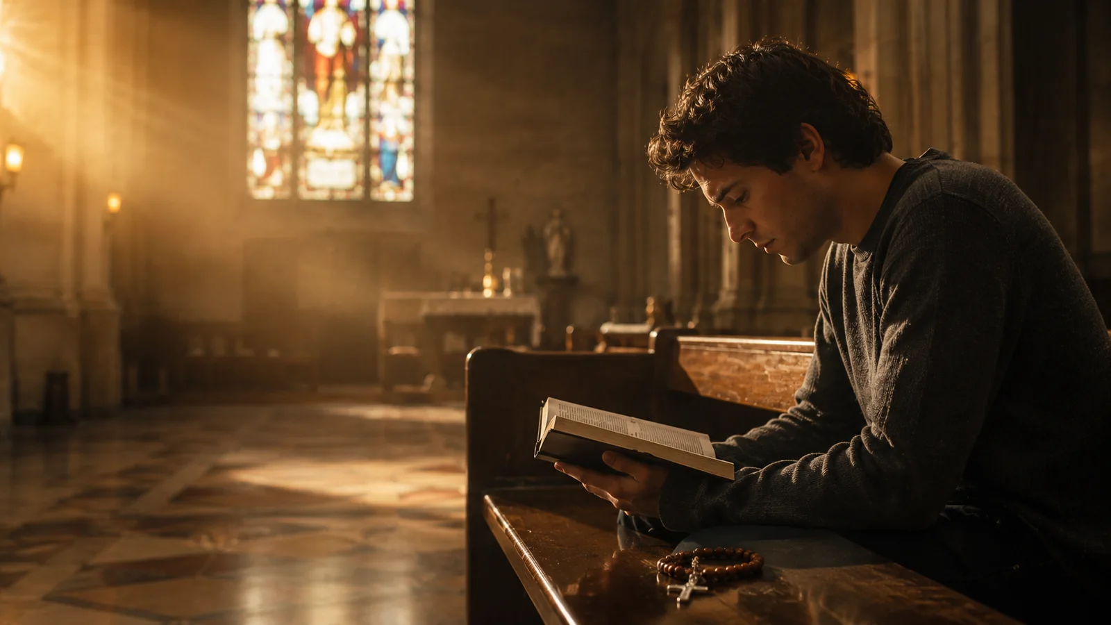 Hombre leyendo la Biblia dentro de una iglesia iluminada