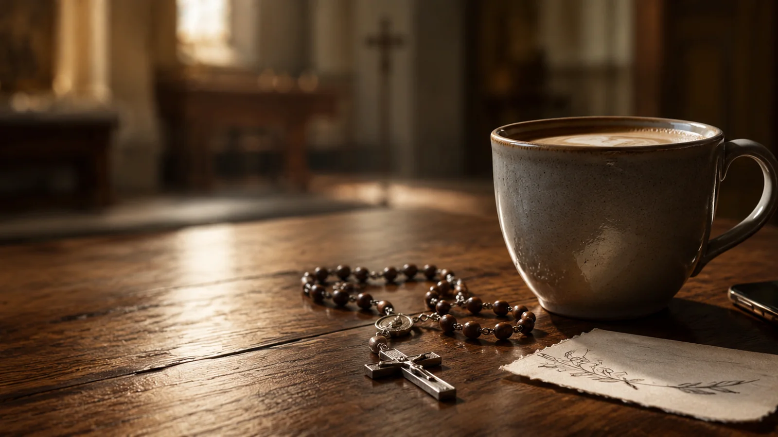 Taza de café y rosario sobre una mesa de madera